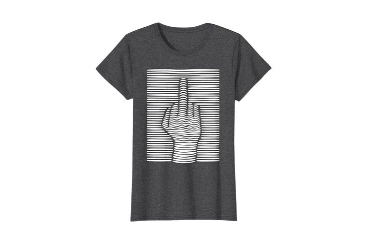 Tee-shirt femme effet 3D gris foncé chiné et blanc amusant motif doigt d'honneur