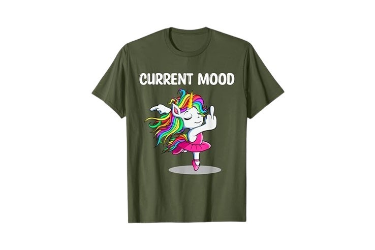 Tee-shirt doigt d'honneur licorne vert olive "current mood" motif licorne doigt d'honneur pour homme