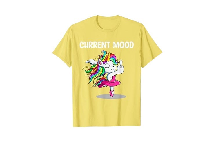 Tee-shirt motif licorne rigolo avec doigt d'honneur jaune et inscription "current mood" pour homme