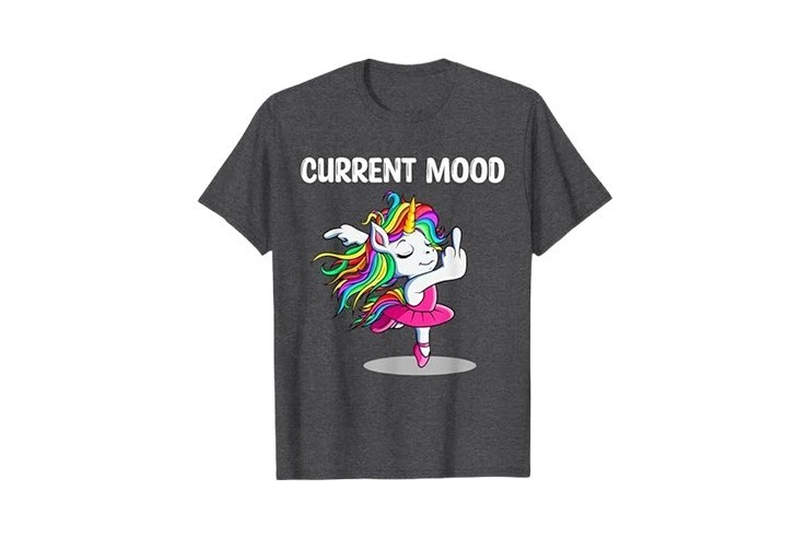 Tee-shirt drôle pour homme gris foncé chiné "current mood" doigt d'honneur licorne